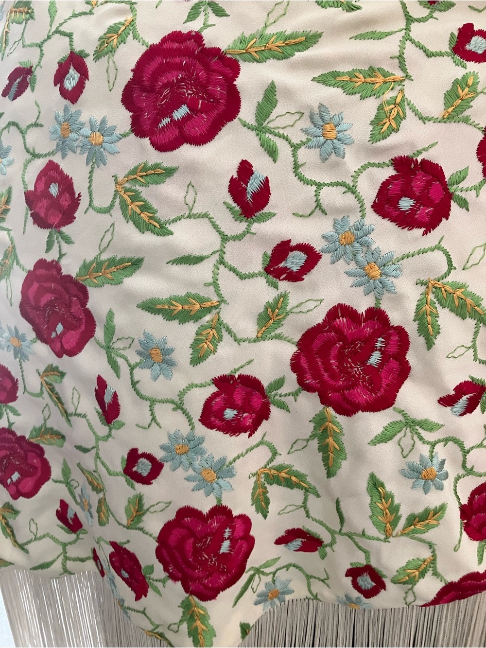 Vintage Saks Fifth Avenue Cream Shawl with Pink Rose Embroidery and Fringe - Picture 3 of 7